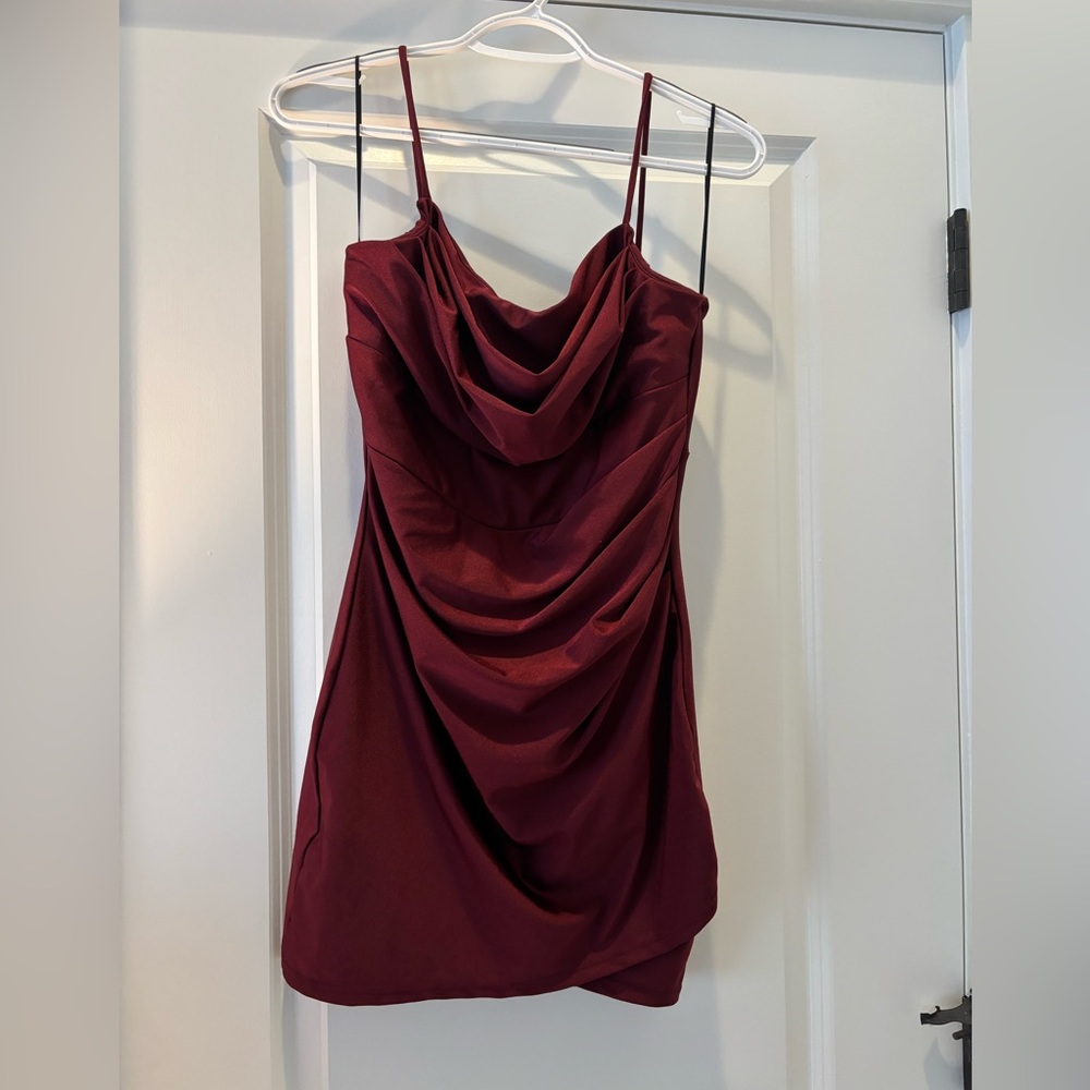 Windsor Draped Cowl Mini Dress in Burgundy